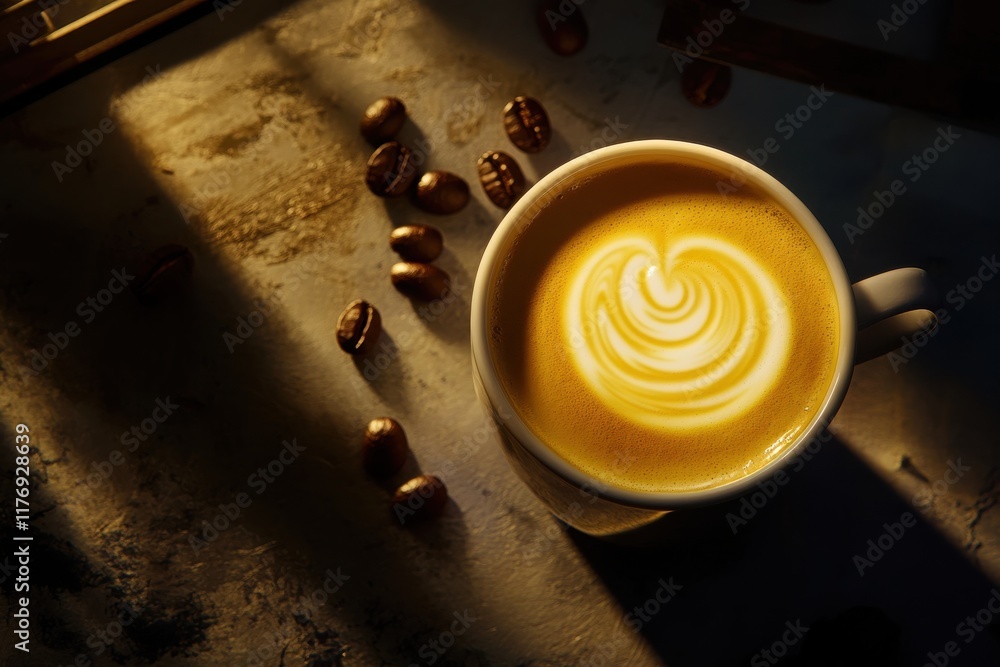 Poster overhead view of a cup of coffee with milk swirls surrounded by scattered coffee beans and soft ligh