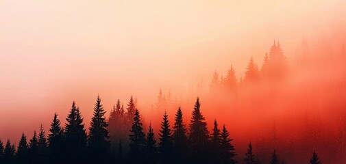 Minimalistic forest and mountain landscape in red and peach tones ideal for wilderness branding travel advertising or eco-friendly designs