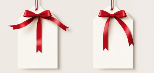 Minimalistic gift tags adorned with flowing red bows perfect for elegant gift wrapping branding or personalized event stationery