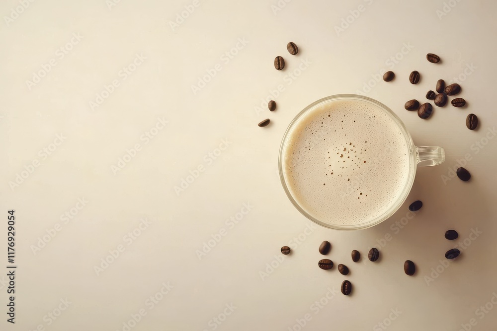 Poster overhead view of a transparent cup filled with creamy coffee surrounded by scattered coffee beans on