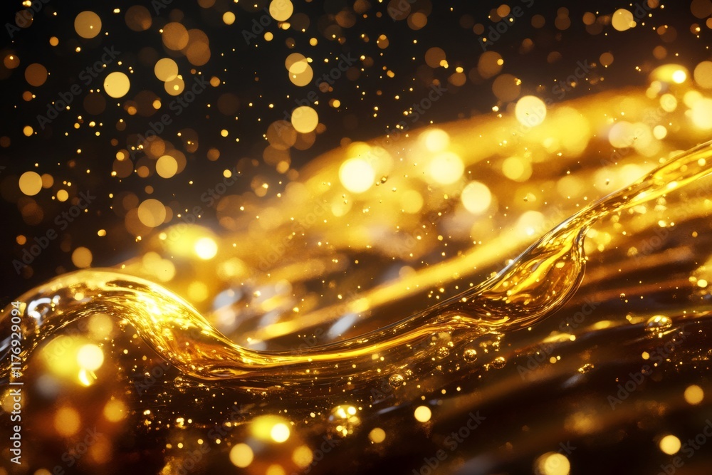 Poster golden liquid flowing with sparkling bokeh effect on dark background