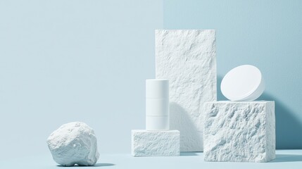 Organic beauty theme showcasing white cosmetic packaging on textured bases with a soft blue backdrop perfect for eco-conscious branding