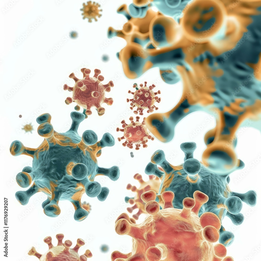 Poster coronavirus particles are depicted in a microscopic view, showing their structure and interaction