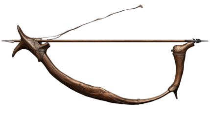 Ancient Bow and Arrow: An intricately crafted wooden bow with an arrow strung and ready to be released. Its design evokes a sense of ancient craftsmanship and the power of nature.  