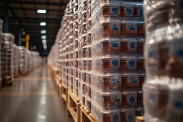 Pallets stacked high with wrapped goods filling warehouse aisles