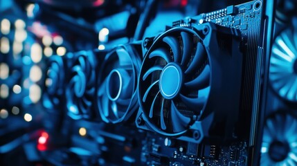 Fototapeta premium Close-up of Graphics Card Cooling Fans in a Blue Lit Server Room