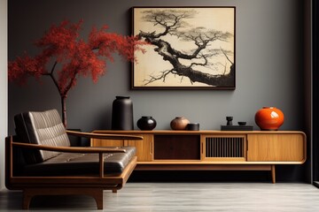 Elegant Japanese Interior Design Featuring Minimalist Furniture, Nature-Inspired Artwork, and Beautiful Decorative Elements in Warm Tones