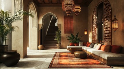 Serene Moroccan Interior Design: Luxurious Lounge with Traditional Architecture