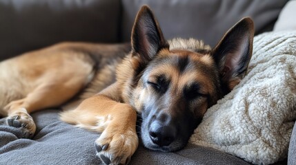 German shepherd dog sleeping peacefully on comfortable sofa