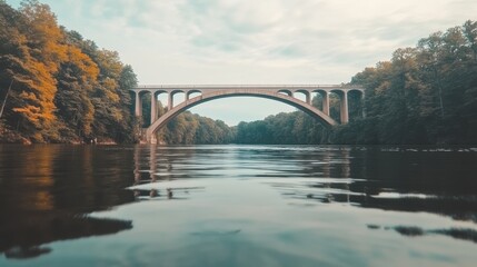 Obraz premium A tranquil scene of a bridge arching over a calm river, surrounded by lush greenery and a slightly overcast sky.