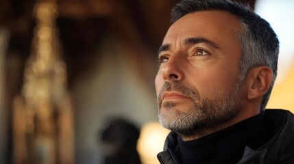 Obraz premium Hopeful businessman looking up in contemplation inside church