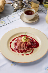 Gourmet Duck Fillet with Berry Sauce and Mashed Potatoes – Elegant Culinary Presentation