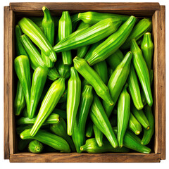 Fototapeta premium A wooden crate filled with fresh, vibrant green okra, showcasing its unique shape and color, perfect for healthy cooking.