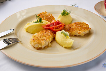 Elegant Presentation of Kotlety Pozharskie with Creamy Mashed Potatoes - Warm Tones and Soft Focus