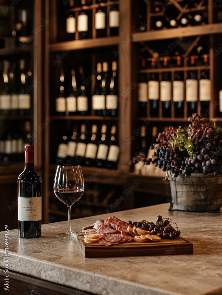 Poster Elegant wine cellar featuring vintage bottles and a charcuterie board with red wine on a tasting table. Generative AI
