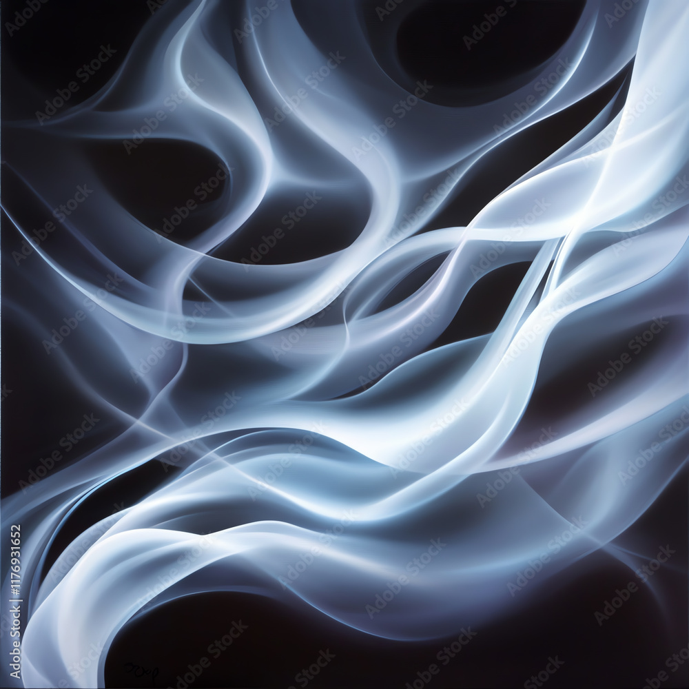 Poster abstract flow of translucent smoke waves on a dark background, creating an ethereal and calming atmo
