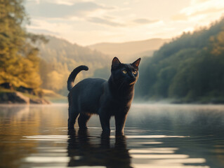 Mysterious black cat standing gracefully calm lake surface reflecting silhouette serene natural background tranquility ethereal outdoor photography wall art wallpaper backdrop background water river