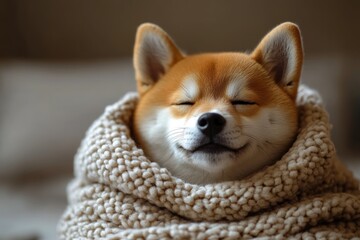 Obraz premium Sleeping Shiba Inu snuggled in cozy knit scarf.