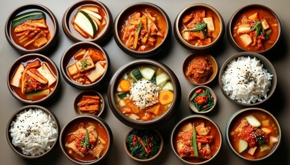 Traditional Korean Feast with Assorted Dishes and Rice in Elegant Circular Arrangement
