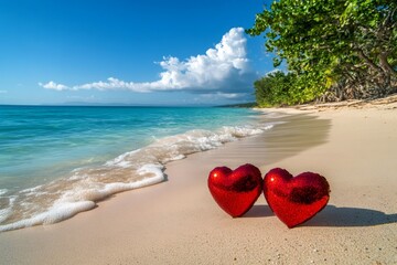Fototapeta premium Two red hearts celebrating love on tropical beach paradise