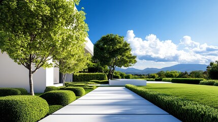 Minimalist backyard garden with neatly trimmed hedges, smooth stone paths, and geometric planters