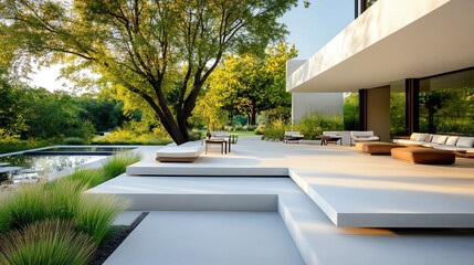 Fototapeta premium Modern garden with smooth concrete paths, sculptural plants, and angular, minimalist furniture