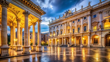 Obraz premium Majestic Roman Palace at Night: Marble Columns & Illuminated Facade