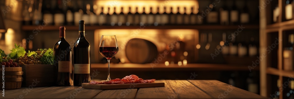 Poster elegant wine cellar showcasing vintage bottles and a tasting table with red wine and charcuterie. ge