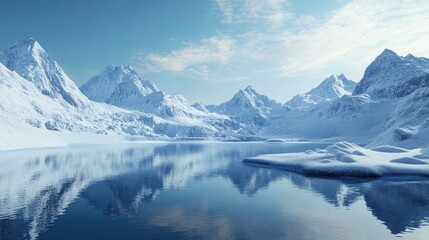 Serene winter landscape featuring snow-capped mountains reflected in a calm, icy lake.