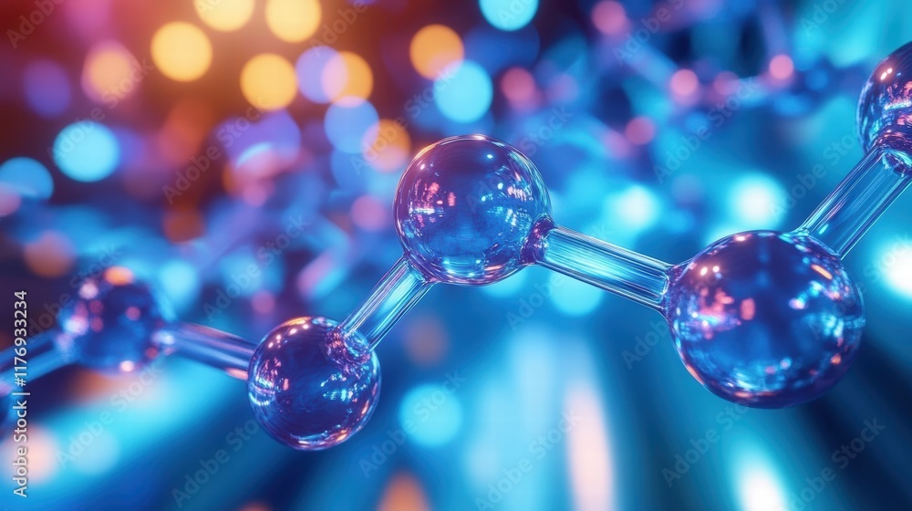 Poster detailed illustration of molecular structure with colorful bokeh background representing science and