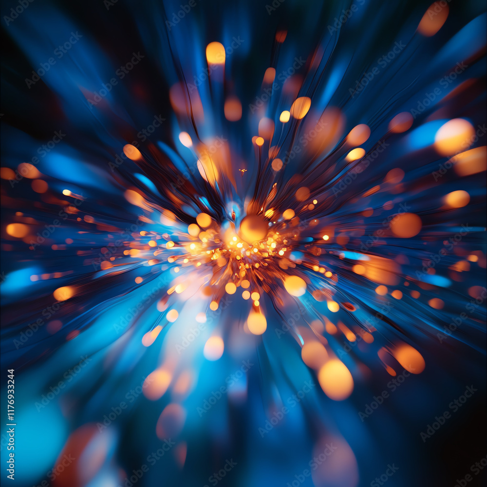 Poster an abstract representation of dynamic energy with vibrant blue and orange lights radiating outward i