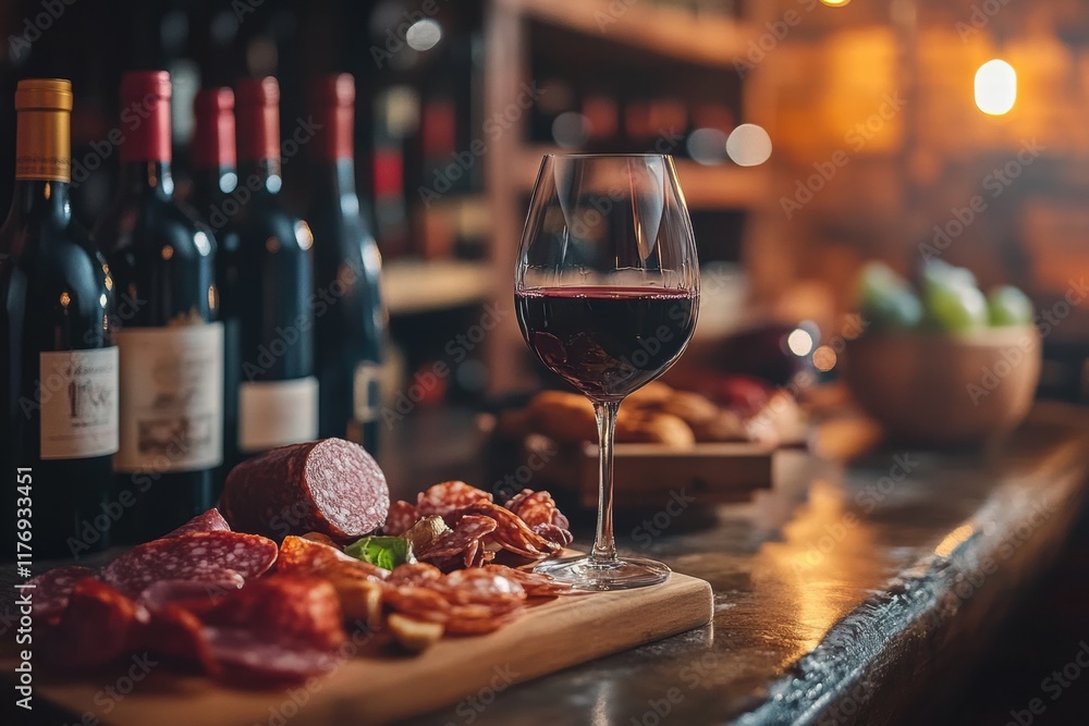 Poster elegant wine cellar showcasing vintage bottles with a tasting table featuring red wine and a charcut