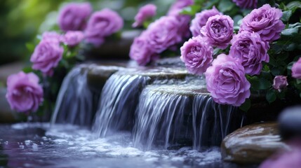 Cascading water flowing past vibrant purple roses in a tranquil garden