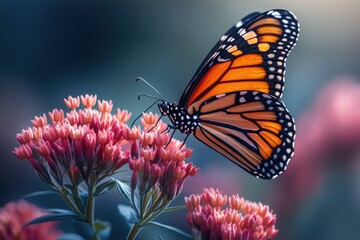 Obraz premium Monarch butterflies fluttering gracefully around vibrant flowers in a serene garden setting