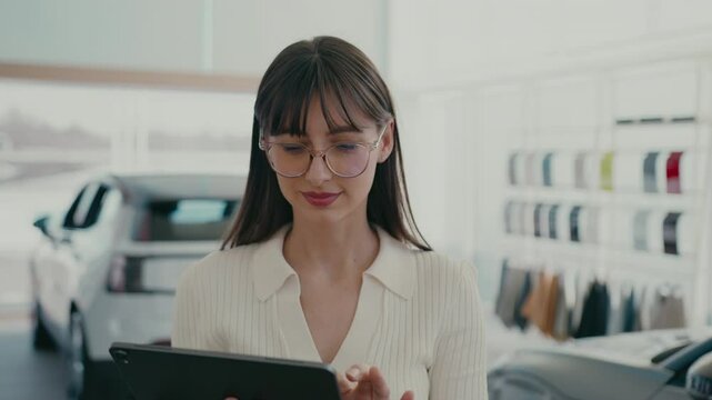 Close camera view of cute Caucasian female working at car dealership. Searching for additional information on tablet device. Wearing round glasses for better vision. Smiling while looking directly.