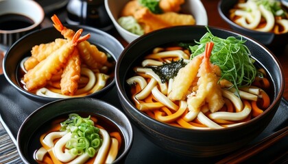 Hot Udon Noodle Soup with Shrimp Tempura in Elegant Asian Dining Setting