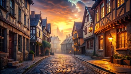 Obraz premium Medieval Street Dawn: Cobblestone Lane Illuminated at Sunrise, Copy Space
