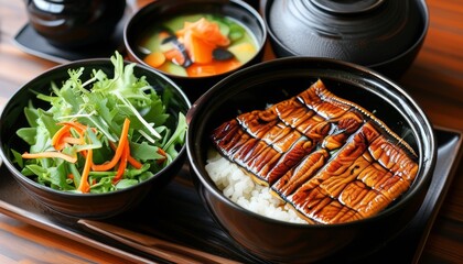 Fototapeta premium Delicious Unagi Don Combo with Grilled Eel, Rice, Salad, and Soup for a Savory Meal Experience