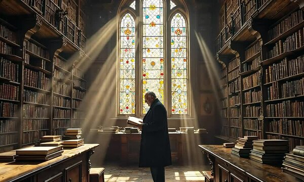 A Man Reading in a Sunlit Library with Stained Glass Window