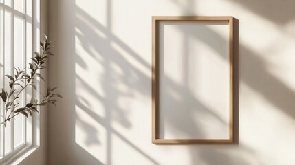 Sunlit Minimalist Interior with Blank Frame and Olive Branch