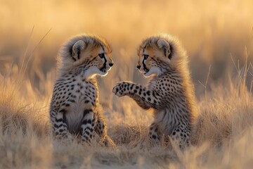 Obraz premium Two playful cubs engaging in a lively interaction during golden hour in the grasslands
