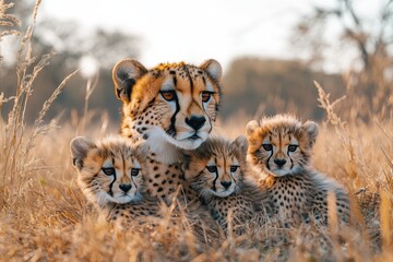 Obraz premium Cheetah mother and her playful cubs enjoy a sunny day in the tall grass of the savanna