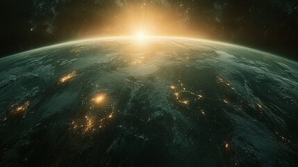 Obraz premium Sunrise over Earth captured from space highlighting continents and city lights