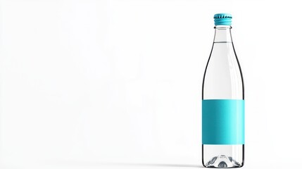A clear glass bottle filled with water and a blue label.