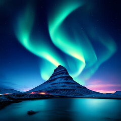 Breathtaking scene of Kirkjufell mountain illuminated by vibrant northern lights over a tranquil lake. Nature's stunning spectacle.