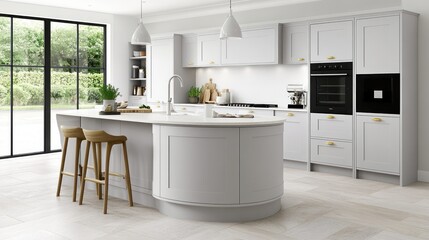 Fototapeta premium Modern kitchen interior with island and natural light.