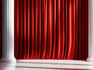 Dramatic vertical red velvet curtains framing an elegant white stage background ideal for classic theater or event invitation designs