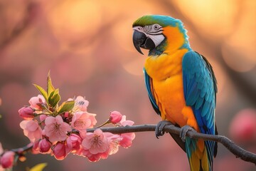 Colorful parrot perched on a branch surrounded by blooming flowers during springtime
