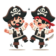 Cartoon-style illustration of an adorable pirate theme with a clean white background, capturing a playful and whimsical nautical vibe for fans of pirates, cats, and minimalist designs