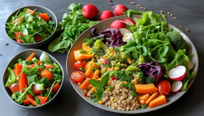 Vibrant Vegetarian Feast of Fresh Vegetables and Colorful Ingredients on Dark Background